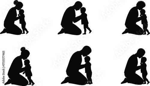  Silhouette of parents kneeling with their children, family love and care illustration, nurturing relationship between parent and child, emotional moment, black and white vector design