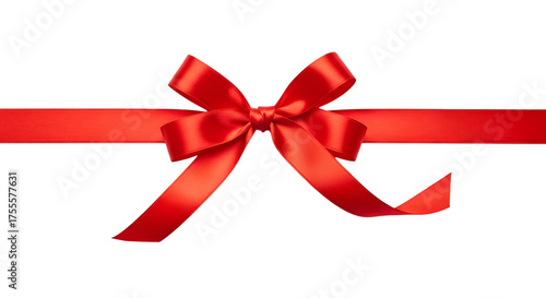 A vibrant red satin ribbon tied into a classic bow with a horizontal ribbon across the center isolated on transparent background