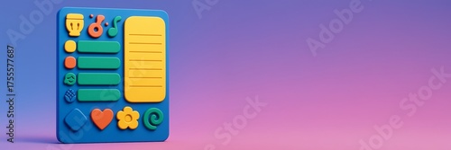 Colorful 3D cartoon style UI mockup with playful icons and elements on left side, vibrant gradient background with empty copyspace on right. Ai generative