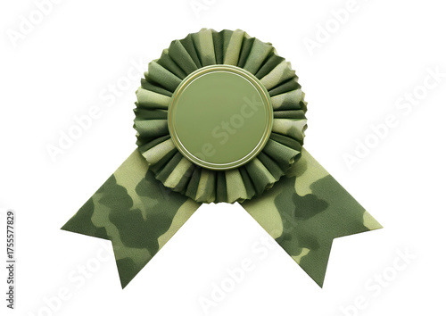 Camo rosette. Round, ruffled center and streamer ribbons