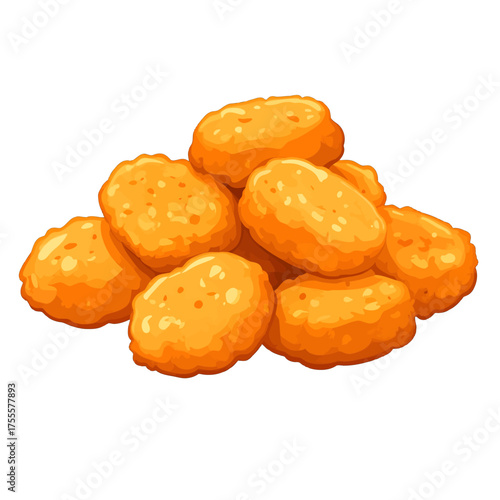 Pile of Fried Chicken Nuggets on Isolated White Background with Pixel Art Style and Bright Golden Yellow Hue Food Illustration