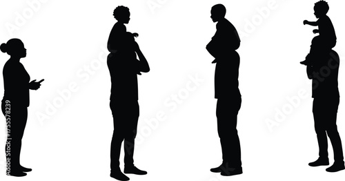 Silhouette illustration of parents and children bonding together, family love concept, father carrying child, modern flat vector design, black and white minimal composition.