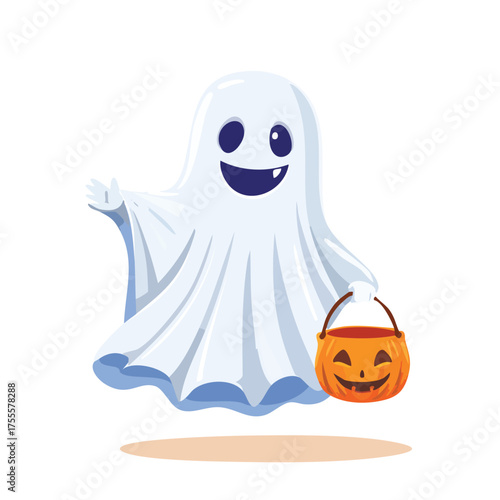 Cheerful specter with pumpkin bucket