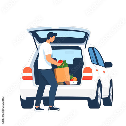 Man Unloading Groceries from White Car Trunk in Pixel Art Style on White Background