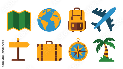 Collection of colorful travel icons including a map, globe, luggage, airplane, compass, and palm tree.
