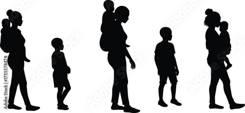 Silhouette illustration of mother and children walking together, family bonding concept, parenting care, black and white design, isolated vector artwork, minimal flat illustration,  