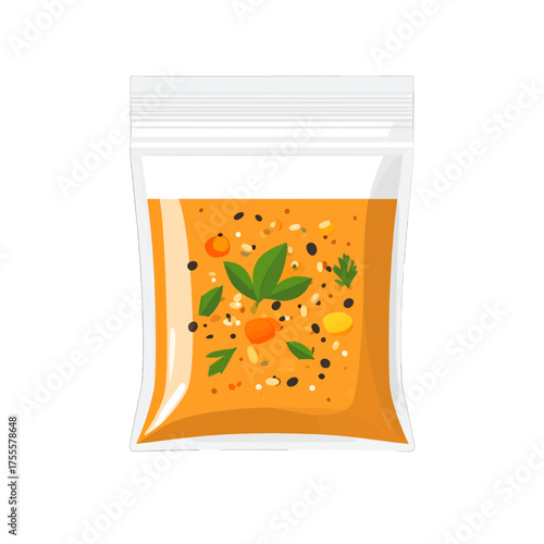 Bright Orange Soup in Clear Plastic Bag Illustration on White Backdrop for Culinary Theme Product Photography and Meal Preparation Imagery Optimized for Stock