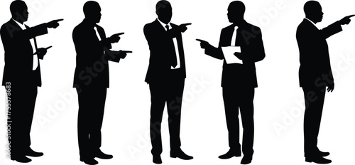 Silhouette of businessmen in suits pointing and discussing directions during meeting, communication and leadership concept, CAD drawing flat vector illustration.