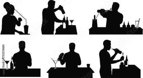  bartender silhouette, cocktail mixing, drink preparation, bar counter, alcohol drink, beverage service, party bar, shaker drink, straw glass, night club, liquor bottle, drink making, bartender work, 