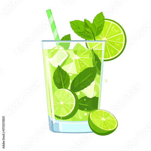Refreshing Green Cocktail with Lime and Mint in Clear Glass Against White Background Pixel Art Style Detailed Illustration