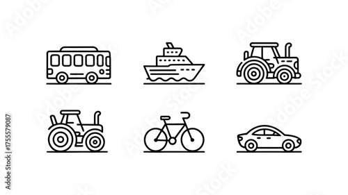Collection of simple line art icons representing various modes of transportation