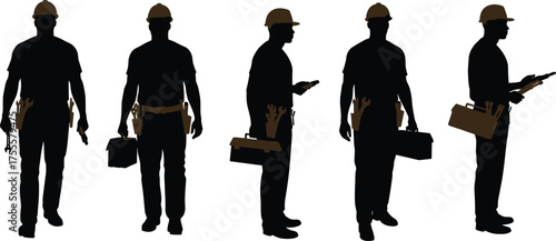  Construction workers silhouette holding tools and toolbox, professional repairman and technician illustration, industrial labor concept, handyman service, engineering vector art,  