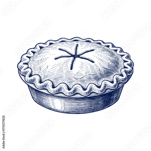 Vintage Homemade Pie Hand Drawn Engraving Illustration of Baked Dessert in Retro Style