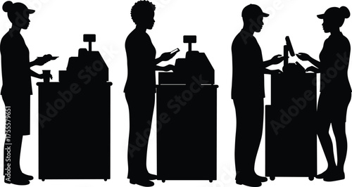 Silhouette illustration of customers making payments at cashier counters with POS terminals, representing retail transactions, shopping checkout process, business service concept, black vector design