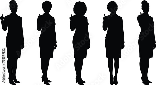 Silhouette illustration of business women standing with finger pointing up, confident posture and leadership concept, black and white vector drawing illustration