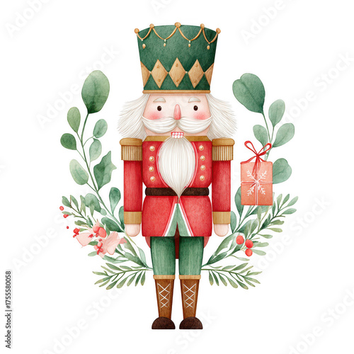 Watercolor illustration of a traditional nutcracker character surrounded by green leaves and festive decorations on a white background