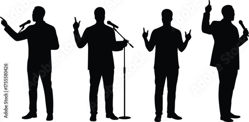 Silhouette illustration of a public speaker holding a microphone, making hand gestures, giving a speech, motivational presentation concept, black and white vector art