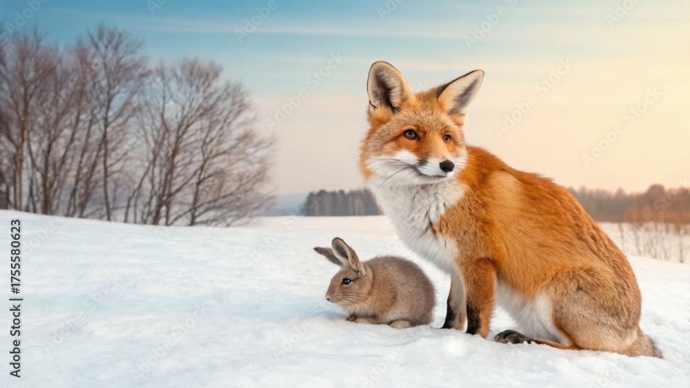 Fototapeta premium fox and rabbit in snowy scene A fox and a rabbit sit together in a snowy landscape under a serene sky.
