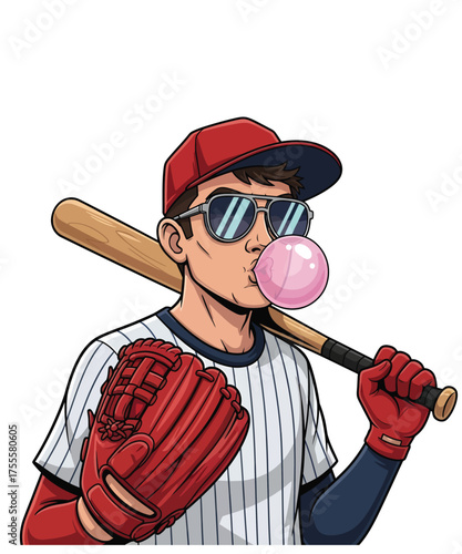 Cartoon Baseball Player Blowing Bubblegum with Bat and Glove, Representing Nostalgia, Competition and Youthful Fun with Classic Americana Vibes