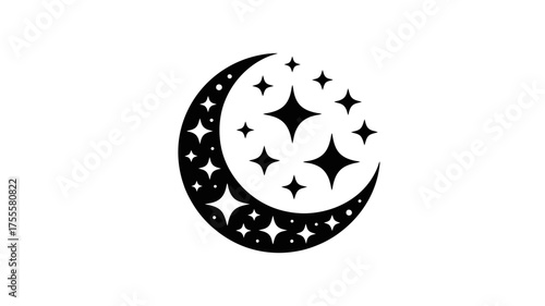 Mystical crescent moon surrounded by sparkling stars on a clean white background