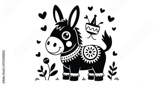 Whimsical black and white donkey piñata illustration with festive decorations
