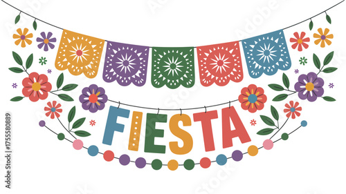 Vibrant papel picado banner spells out 'Fiesta' with colorful flowers and festive garland