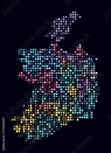 Ireland, shape of the country build of colored cells. Digital style map of the Ireland on dark background. Small size square blocks. Awesome vector illustration.