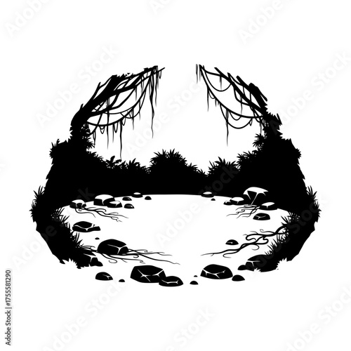 Jungle clearing with vines and rocks silhouette isolated on white background