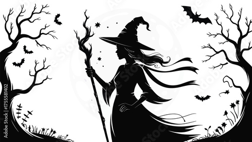 Mysterious silhouette of a witch holding a staff under a full moon with bats flying