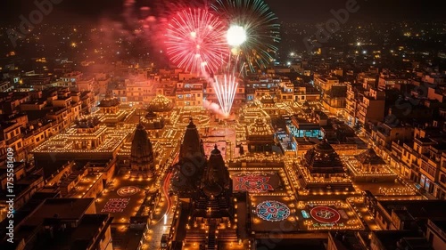 Aerial view of a city illuminated with diyas and fireworks for diwali