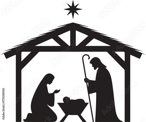 Christmas crib, nativity figures, black, isolated, vector