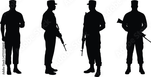 Silhouette illustration of soldiers with rifles standing in formation, military defense and security concept, armed forces team in uniform, black vector design