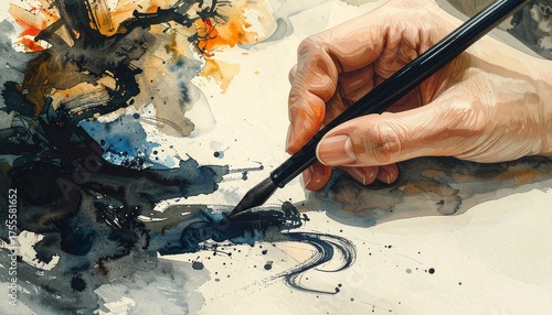 Hand painting dynamic black ink strokes on paper, Expressive brushstrokes by an artist using watercolors and black ink to create an abstract piece
