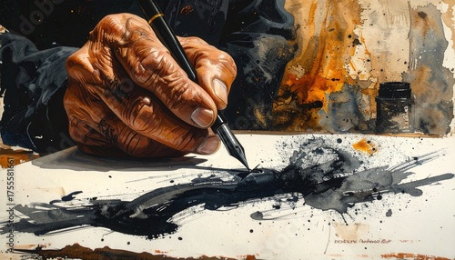 Watercolor hand writing calligraphy with fountain pen, Ink painting with hand on paper, Old art style ink drawing and writing with old, wrinkled hands