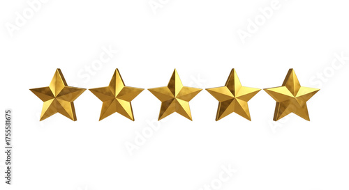 Five golden star rating symbols arranged in a horizontal line isolated on transparent background