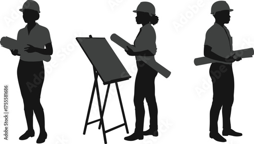 Silhouette illustration of engineers and architects working with blueprints and drafting board, construction and design concept, professional team in hard hats, black vector design