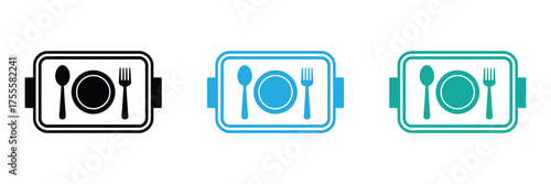 WebPlate with spoon and fork for restaurant or cafeteria use,Three food tray icons in black, blue, and green isolated on white background vector illustration,