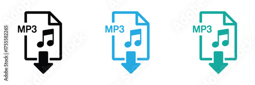 Download your MP3 file with this simple music icon set,mp3, file, download, black, blue, green, music, audio, format, arrow, document, symbol, sign, multimedia, media, note, song, sound