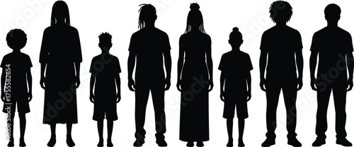 Silhouette illustration of diverse group of people standing together in a line, family generations concept, crowd diversity, equality, teamwork, unity art design