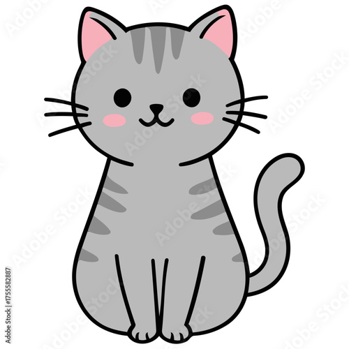 Cute cartoon gray tabby cat with pink ears and cheeks sitting upright, smiling illustration.