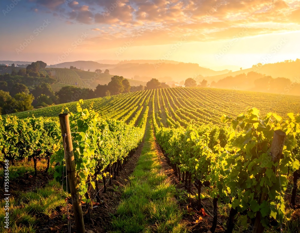 Fototapeta premium Vineyards at dawn, sun's golden rays illuminate rows of grapevines, soft light