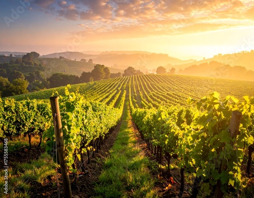 Wallpaper Mural Vineyards at dawn, sun's golden rays illuminate rows of grapevines, soft light Torontodigital.ca