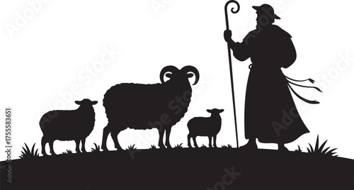 Holiday silhouettes christmas Nativity. Shepherd grazes flock sheep. Illustration
