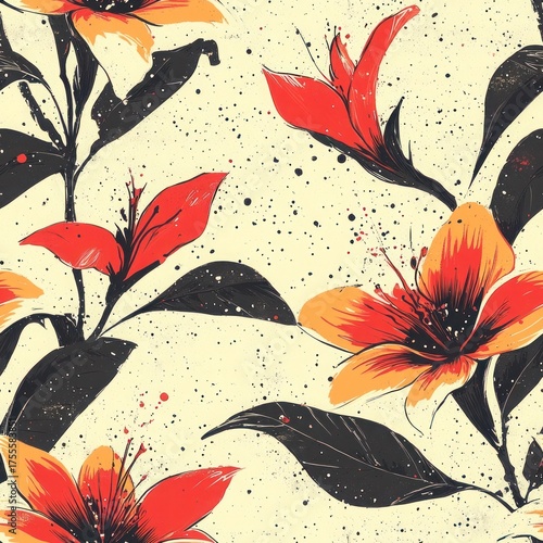 Seamless orange floral pattern with elegant tropical leaves on cream background.