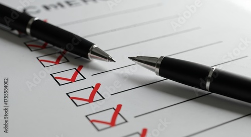 Checklist and Pens: A close-up shot of a checklist, the red check marks signify the task is completed and two pens are positioned, ready for the next assignments.