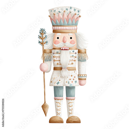 Colorful wooden nutcracker soldier holding a staff, decorated with stars and pastel colors, standing against a white background