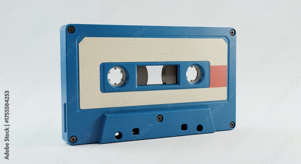 Obraz premium Retro Cassette Tape: A vibrant audio cassette tape, a nostalgic symbol of music history, meticulously captured, evoking memories of past melodies and analog charm.