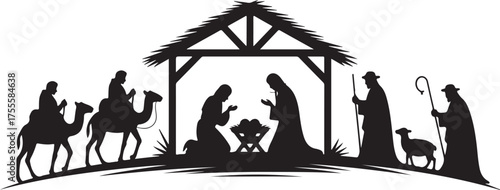 Nativity scene silhouette Jesus in manger, shepherd and wise men. Christmas story Mary Joseph and baby Jesus in nursery. The birth of Christ with Bethlehem star, vector illustration