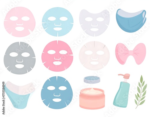 Various cosmetic masks, skincare products, and accessories arranged on white background