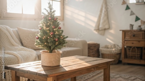 cozy christmas home decor ideas Cozy indoor scene featuring a small Christmas tree on a wooden table in a stylish living space.